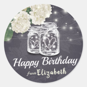 Happy Birthday Chic Mason Jar Flowers String Light Classic Round Sticker