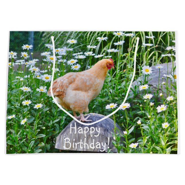 Happy Birthday Chicken With Daisies Large Gift Bag (Front)