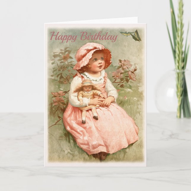 Happy Birthday - Child Holding Doll Vintage Design Card (Front)