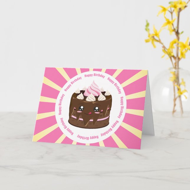 Happy birthday chocolate kawaii cake card (Yellow Flower)