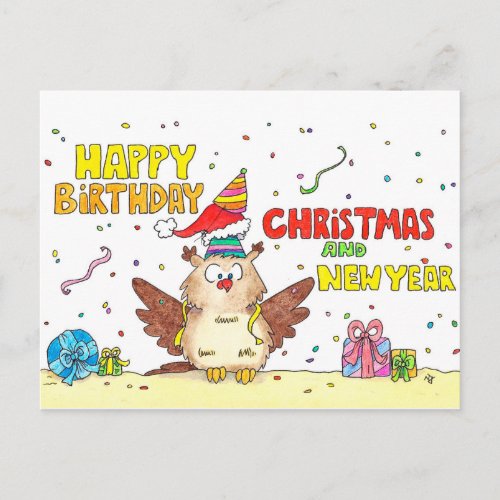 Happy Birthday Christmas and New Year postcard