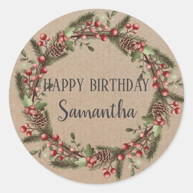 Happy Birthday Christmas Floral Wreath Craft Class Classic Round Sticker (Front)