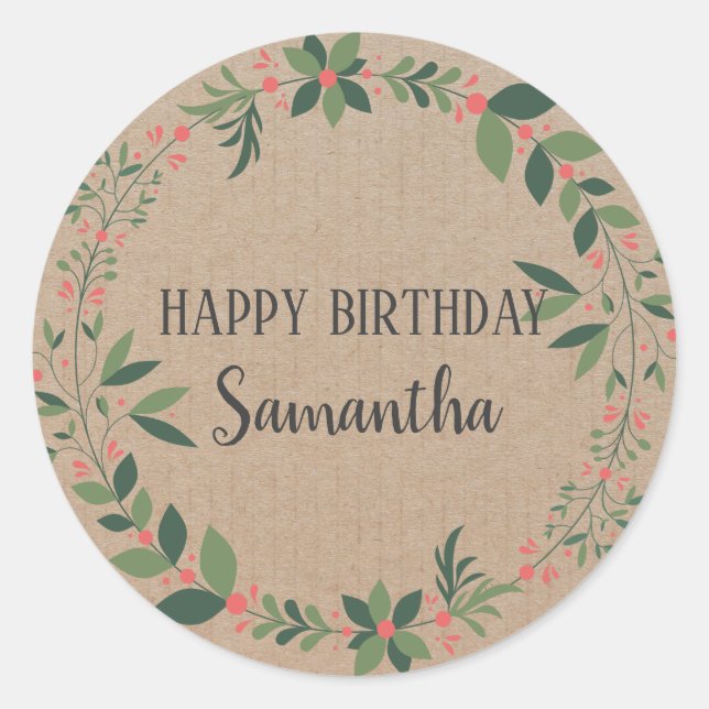 Happy Birthday Christmas Floral Wreath Craft  Classic Round Sticker (Front)