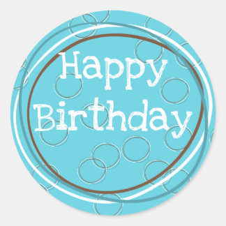 Happy Birthday Circles Turquoise White Brown  Classic Round Sticker