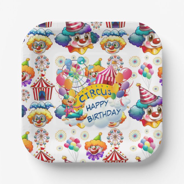 Happy Birthday Circus Clowns Paper Plates (Front)
