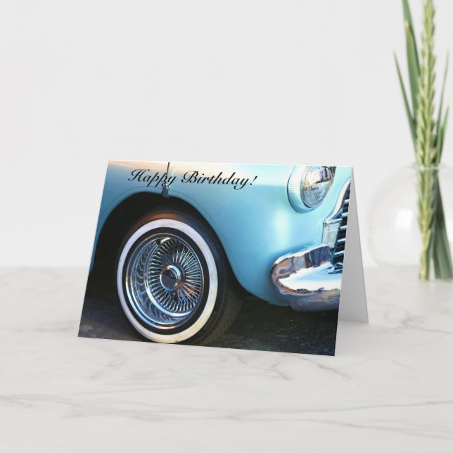 Happy Birthday Classic Blue Car greeting card (Front)