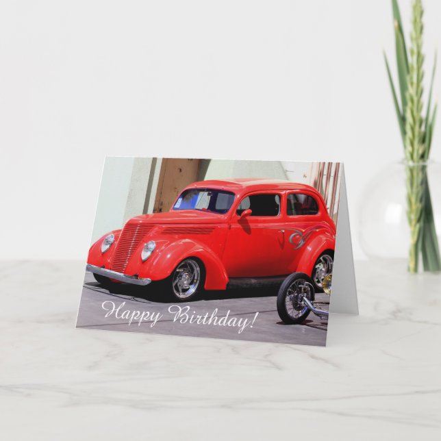 Happy Birthday Classic Red Car greeting card (Front)