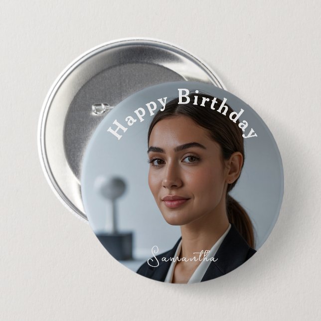Happy Birthday Classic Simple Custom Cute Photo Button (Front & Back)