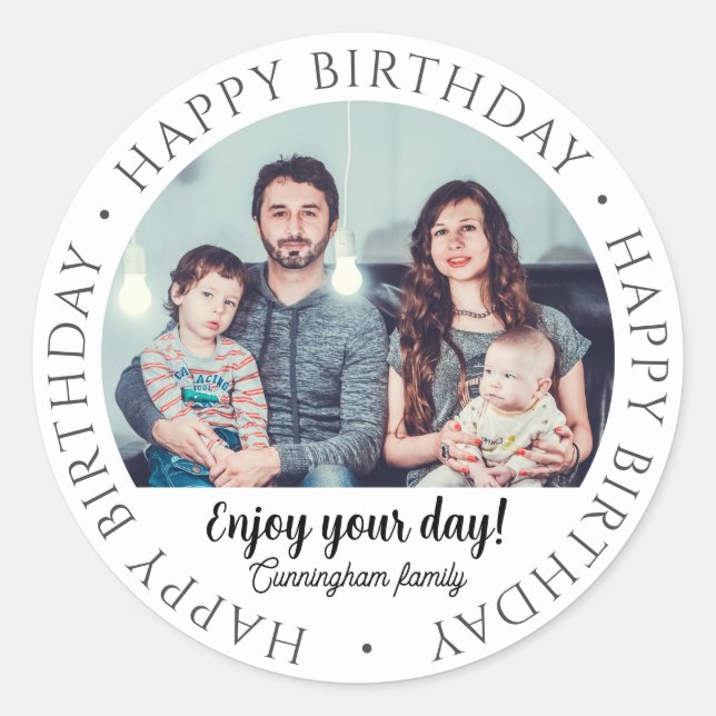 Happy Birthday, Classic Simple Custom Photo Gift Round Sticker (Front)