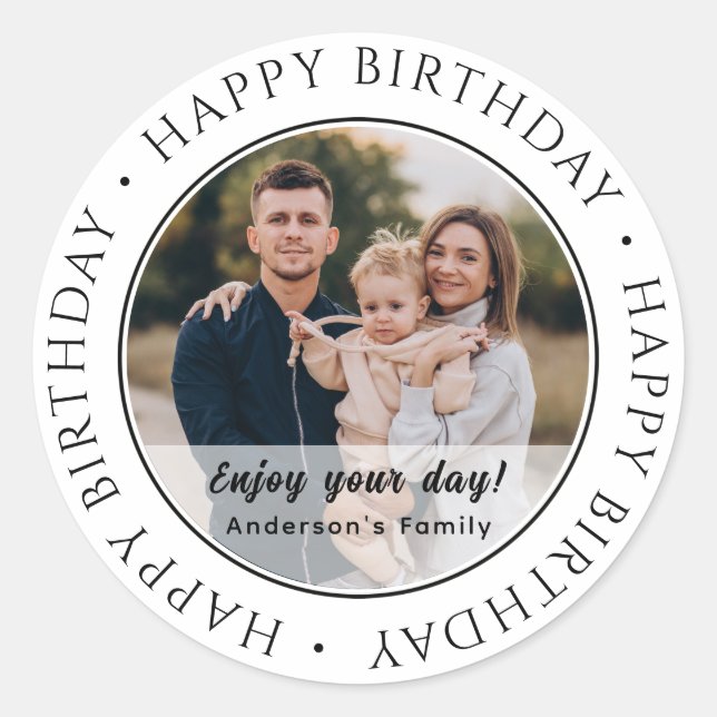 Happy Birthday | Classic Simple Custom Photo Round Sticker (Front)