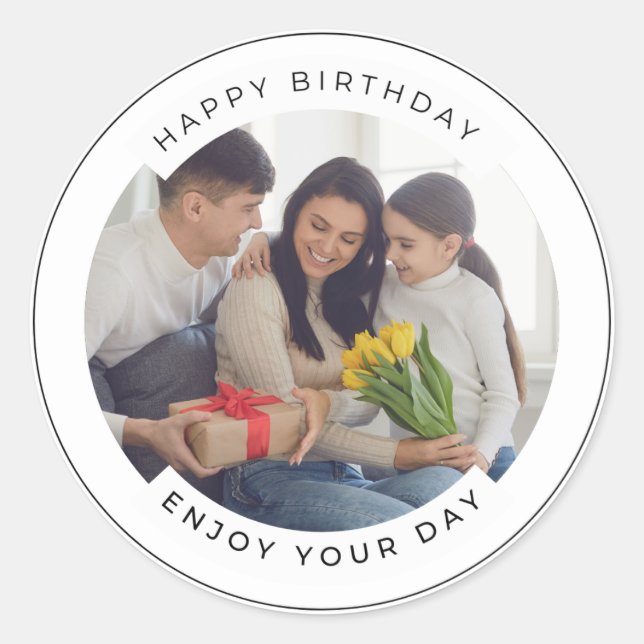Happy Birthday | Classic Simple Custom Photo  Round Sticker (Front)