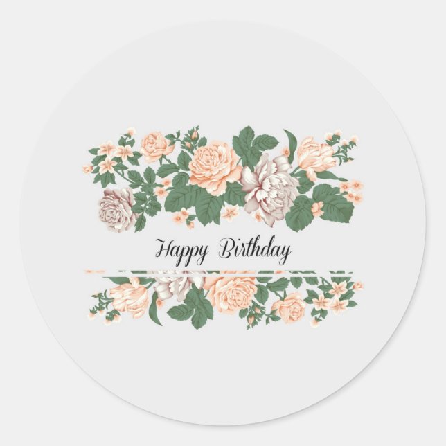 Happy Birthday | Classic Simple Floral Modern Round Sticker (Front)