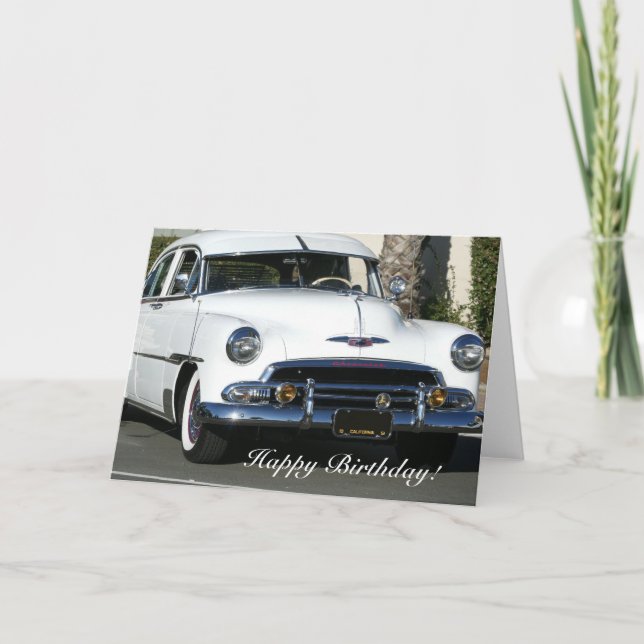 Happy Birthday Classic White Car greeting card (Front)
