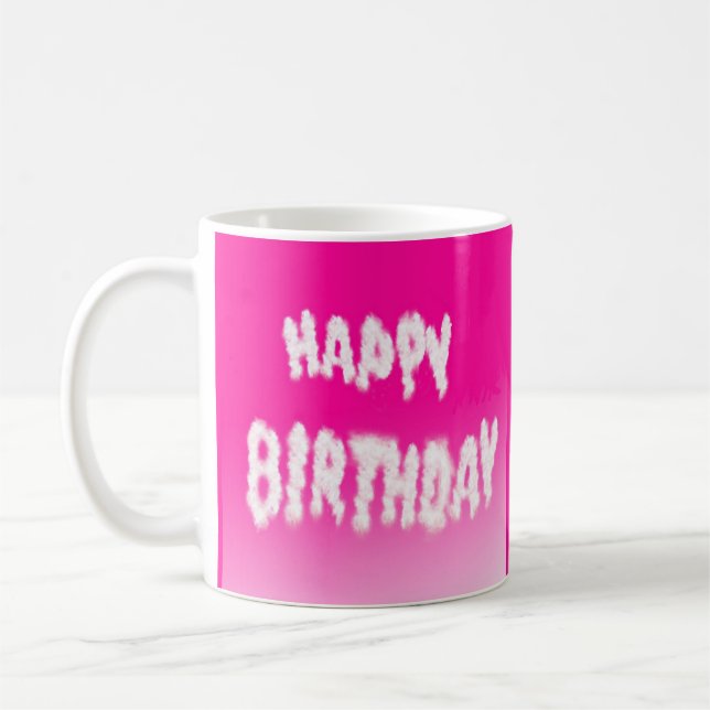 Happy birthday clouds on pink coffee mug (Left)