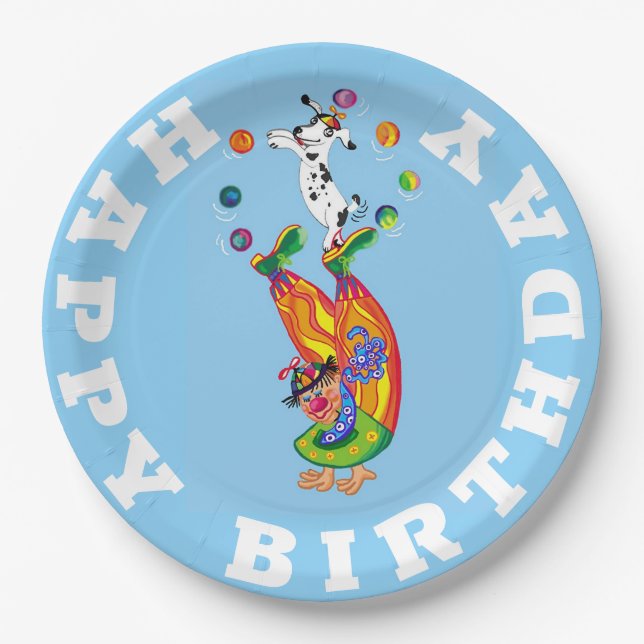 Happy Birthday Clown and dog juggler Paper Plates (Front)