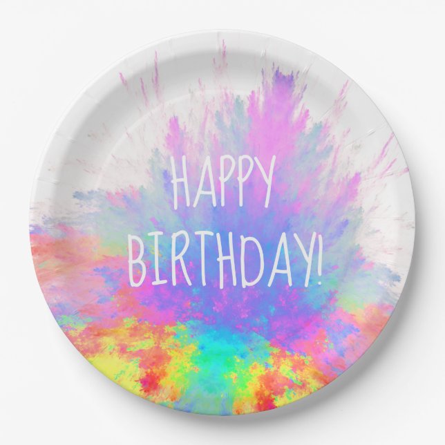 Happy Birthday Color Burst Rainbow Paper Plates (Front)