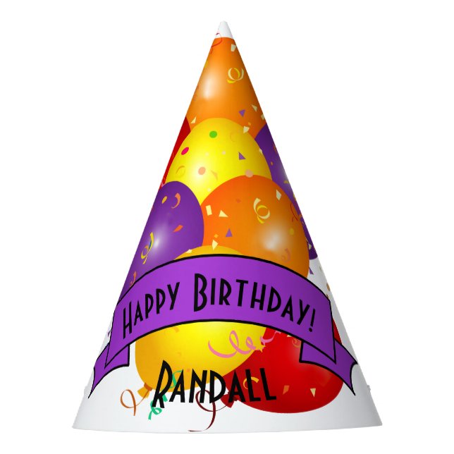 Happy Birthday Colorful Balloon Bundle Template Party Hat (Front)
