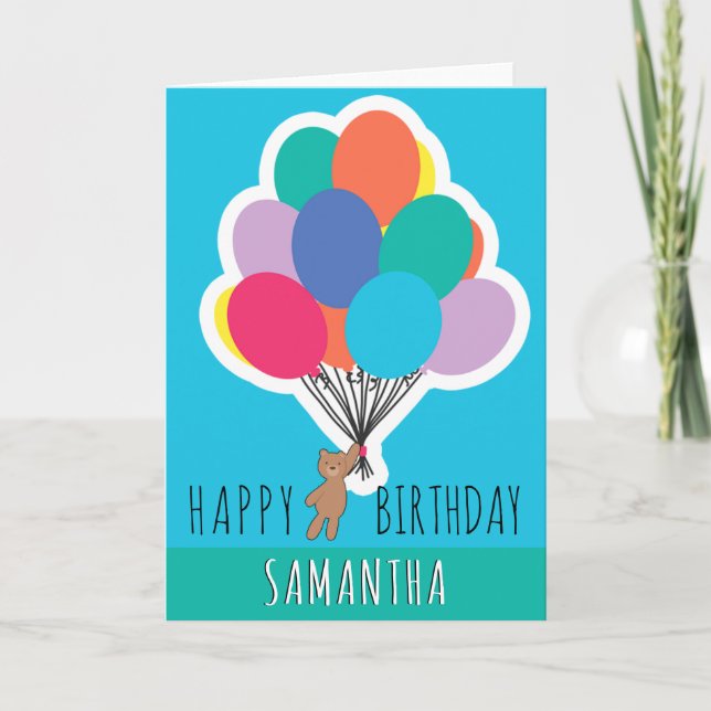  Happy Birthday Colorful Balloon Name Teddy Bear Card (Front)