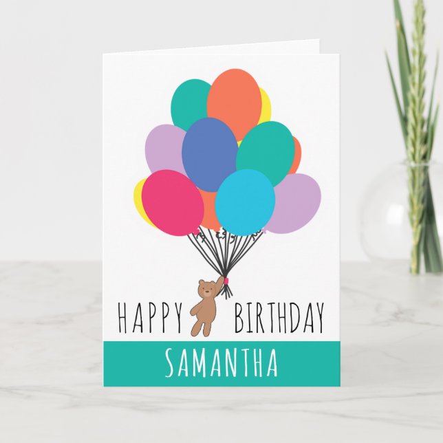  Happy Birthday Colorful Balloon Teddy Bear Name  Card (Front)