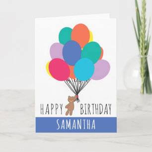 Happy Birthday Colorful Balloon Teddy Bear Name Card