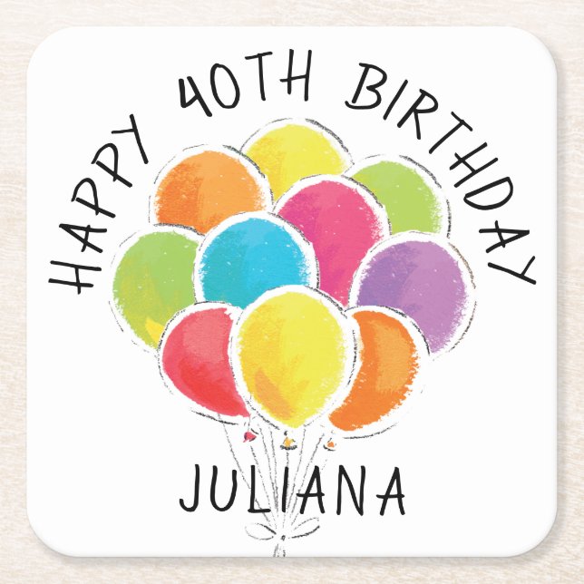 Happy Birthday Colorful Balloons Add Name Square Paper Coaster (Front)
