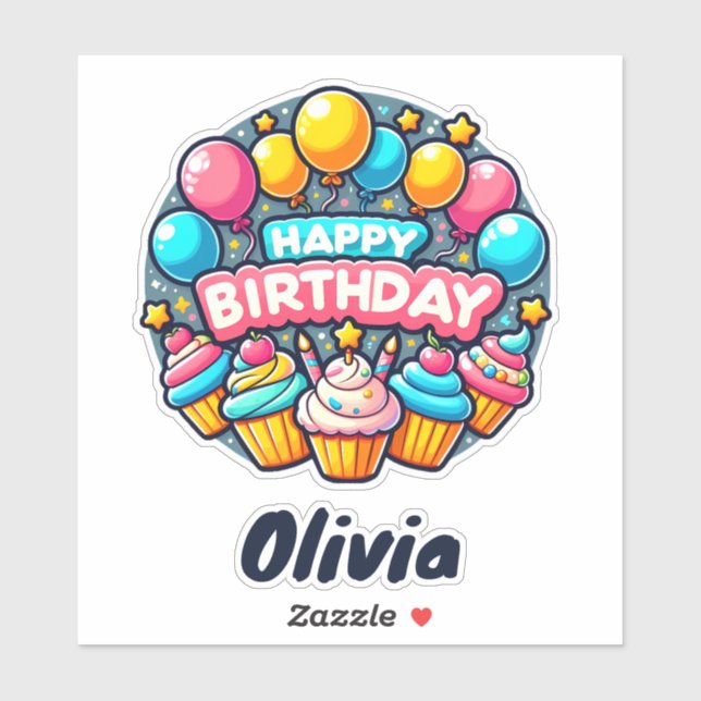 Happy Birthday Colorful Balloons and Cupcakes Sticker (Sheet)