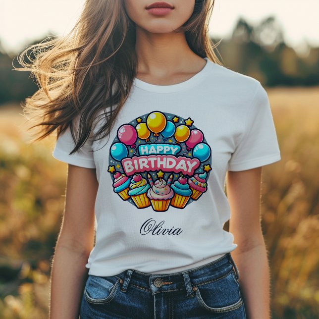 Happy Birthday Colorful Balloons and Cupcakes T-Shirt (Creator Uploaded)