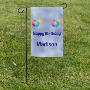 Happy Birthday Colorful Balloons in Sky with Name Garden Flag