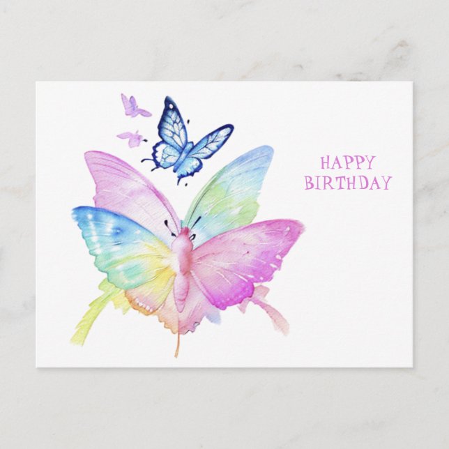 Happy Birthday,colorful butterflies, watercolor Postcard (Front)