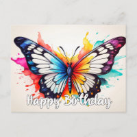 Happy Birthday Colorful Butterfly Watercolor Art