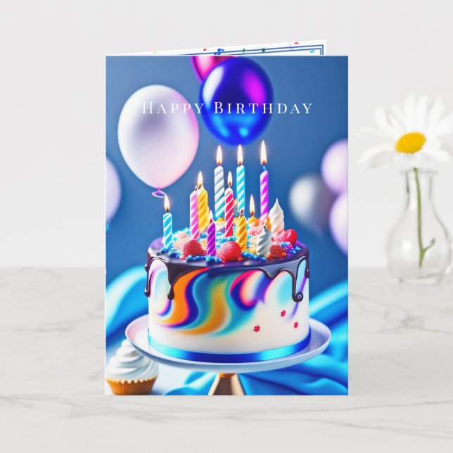 Happy Birthday  Colorful Cake Balloons  Card (Small Plant)