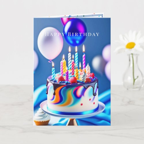 Happy Birthday  Colorful Cake Balloons  Card