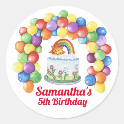 Happy Birthday Colorful Cake Watercolor Baloons Classic Round Sticker