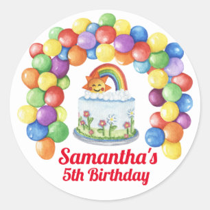 Happy Birthday Colorful Cake Watercolor Baloons Classic Round Sticker