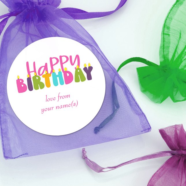 Happy Birthday Colorful Candle Typography Classic Round Sticker (Creator Uploaded)