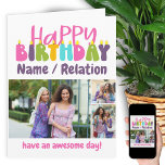 Happy Birthday Colorful Candles 3 Photo Collage Card<br><div class="desc">Personalized Happy Birthday photo card lettered with colorful candles. The template is ready for you to add 3 of your favorite photos and personalize the wording with a name or relation (Isabella / bestie / sister, for example), a message at the bottom such as "have an awesome day!". You can...</div>