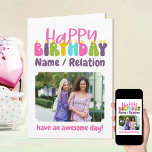 Happy Birthday Colorful Candles Cute Photo Card<br><div class="desc">Personalized Happy Birthday photo card lettered with colorful candles. The template is ready for you to add 3 of your favorite photos and personalize the wording with a name or relation (Isabella / bestie / sister, for example), a message at the bottom such as "have an awesome day!". You can...</div>