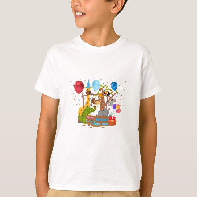 happy birthday colorful cartoon animal Zoo T-Shirt (Front)