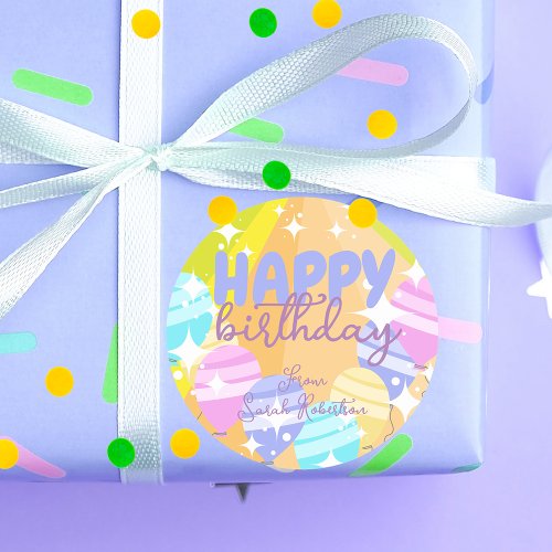 Happy Birthday Colorful Cartoon Balloons Sparkles Classic Round Sticker