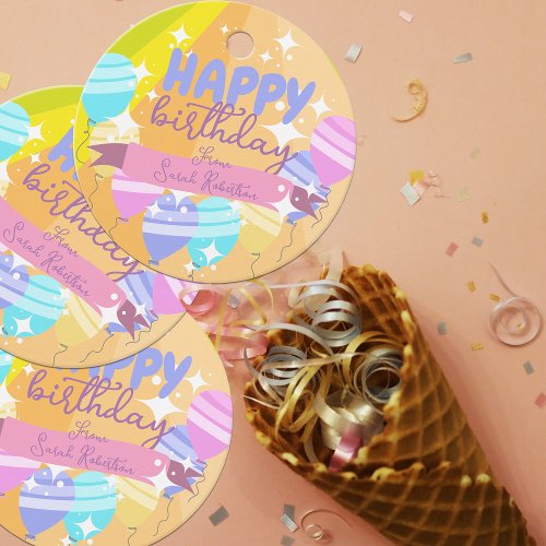 Happy Birthday Colorful Cartoon Balloons Sparkles Favor Tags