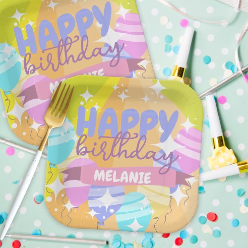 Happy Birthday Colorful Cartoon Balloons Sparkles Paper Plates