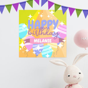 Happy Birthday Colorful Cartoon Balloons Sparkles Poster