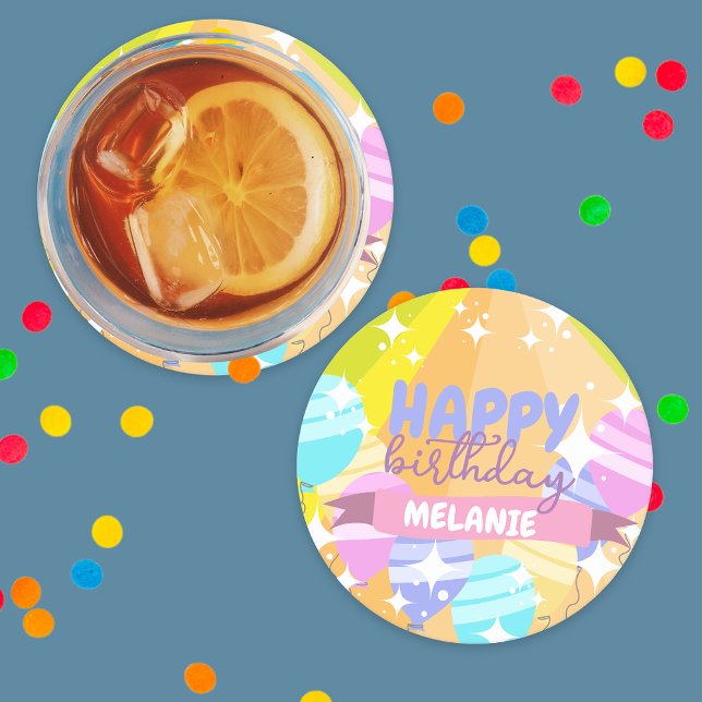 Happy Birthday Colorful Cartoon Balloons Sparkles Round Paper Coaster (Creator Uploaded)