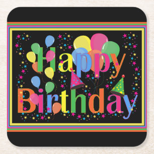 Happy Birthday Colorful Celebration Square Paper Coaster