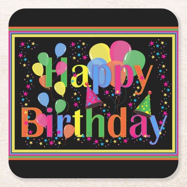 Happy Birthday Colorful Celebration Square Paper Coaster (Front)