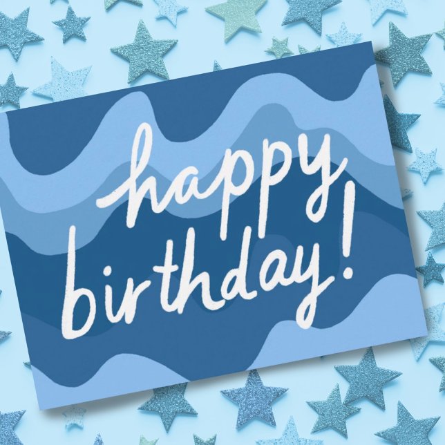 HAPPY BIRTHDAY Colorful Cool & Fun Wavy Stripes Postcard (Sweet happy birthday postcard with blue stripes. Customize by adding your own text to the back side.)