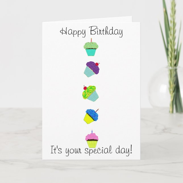 Happy Birthday Colorful Cupcakes Card (Front)