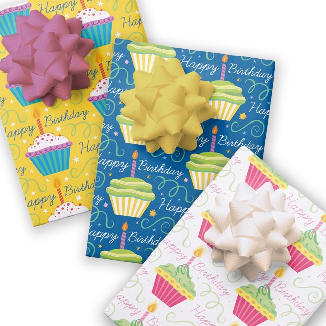 Happy Birthday Colorful Cupcakes Wrapping Paper Sheets (Creator Uploaded)