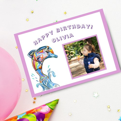 Happy Birthday Colorful Dolphin Custom Photo Card