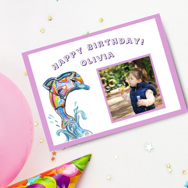 Happy Birthday Colorful Dolphin Custom Photo Card (Dive into a birthday splash with a personalized dolphin celebration card!)
